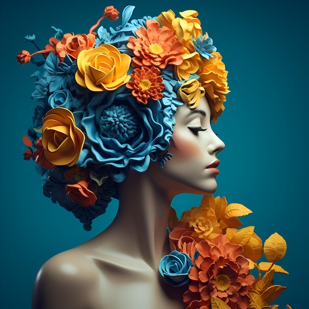 Belle femme avec des fleurs dans les cheveux illustration 3d