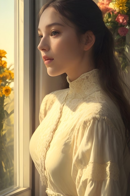 une belle femme avec des fleurs dans les cheveux se tient près de la fenêtre IA générative