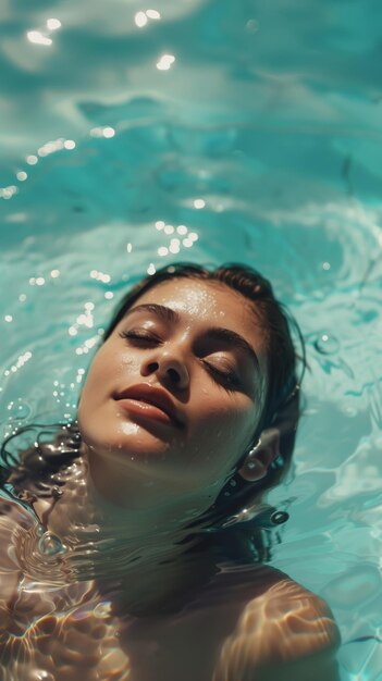 Une belle femme flottant dans la piscine d'un hôtel.