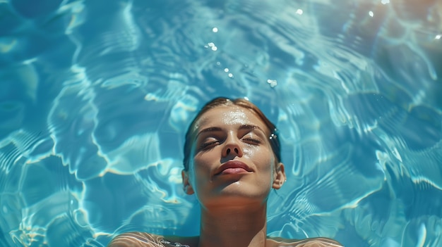 Une belle femme flottant dans la piscine d'un hôtel.