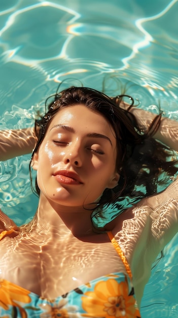 Photo une belle femme flottant dans la piscine d'un hôtel.