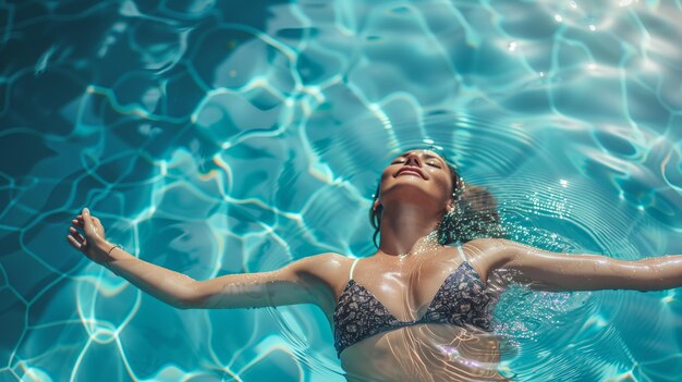 Une belle femme flottant dans la piscine d'un hôtel.