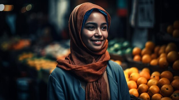 Belle femme sur un fond flou du marché modèle de mise au point sélective