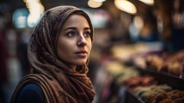 Belle femme sur un fond flou du marché modèle de mise au point sélective