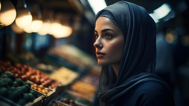 Belle femme sur un fond flou du marché modèle de mise au point sélective