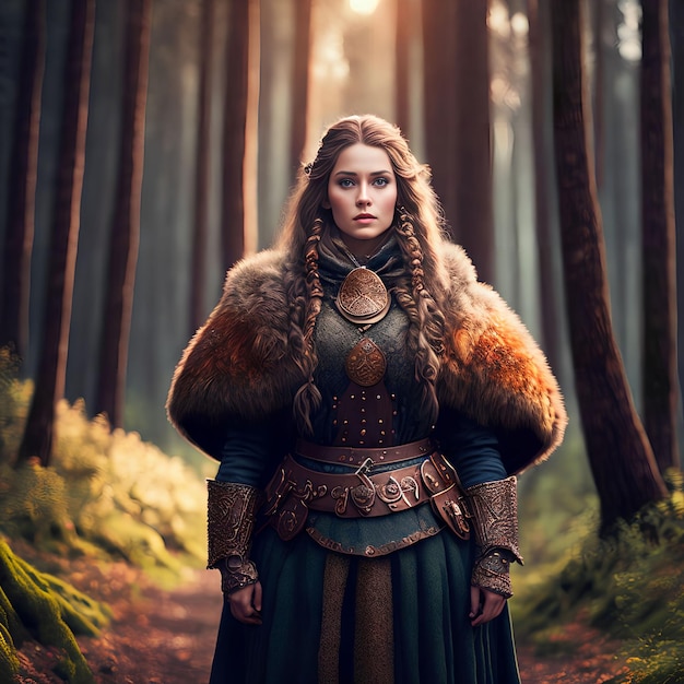 Belle femme guerrière viking à la forêt art génératif par AI