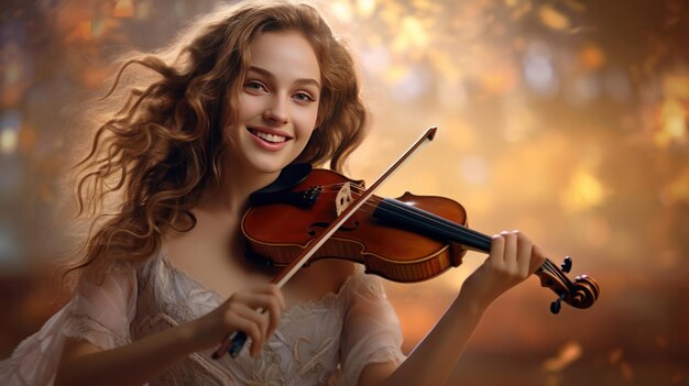 Une belle femme heureuse jouant du violon