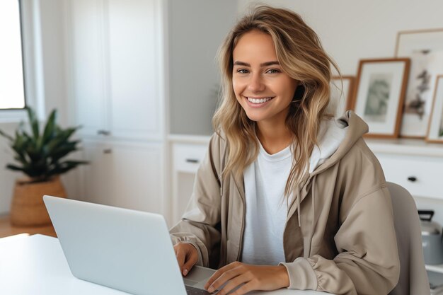 Une belle femme heureuse travaillant sur un ordinateur portable à la maison