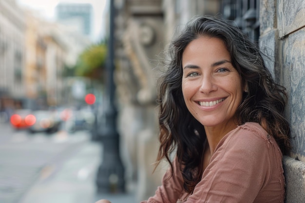 Une belle femme hispanique d'âge moyen souriant avec confiance au portrait du mur de la ville