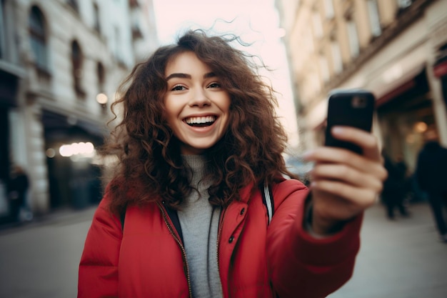 une belle femme hispanique souriante et confiante faisant un selfie