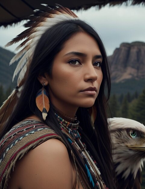 Photo une belle femme indienne avec un aigle regarde au loin sur un fond sombre