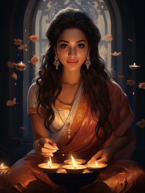 Belle femme indienne célébrant Diwali