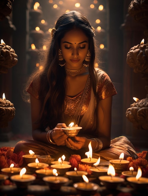 Belle femme indienne célébrant Diwali