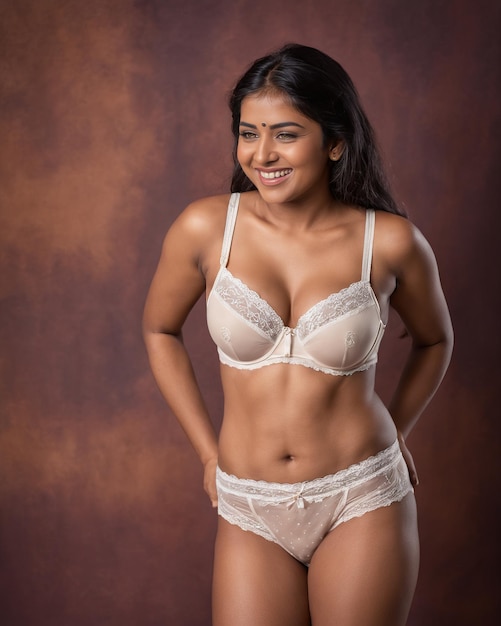 Photo une belle femme indienne en lingerie posant pour la caméra.