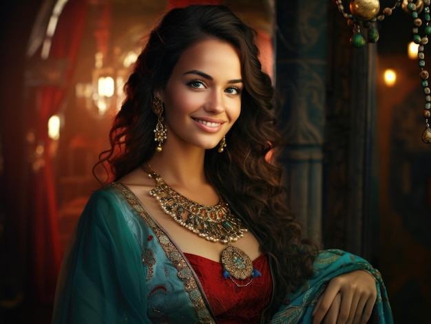 Belle femme indienne en robe traditionnelle rouge et turquoise