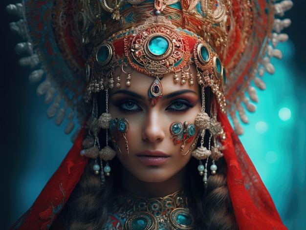 Belle femme indienne en robe traditionnelle rouge et turquoise