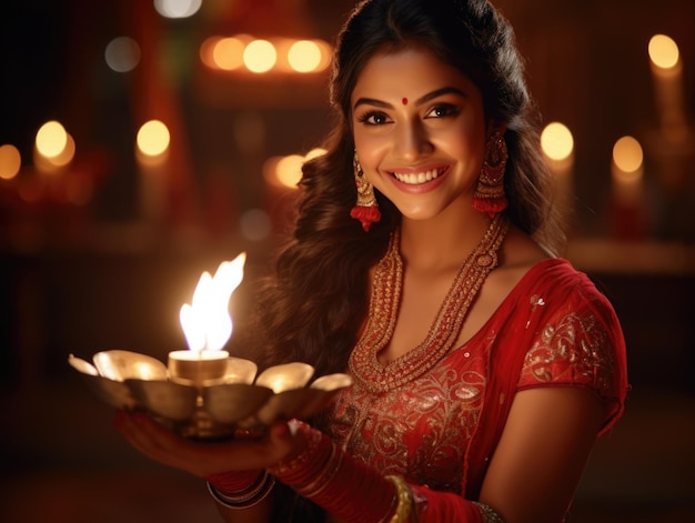 Belle femme indienne en robe traditionnelle tenant une lampe de Diwali