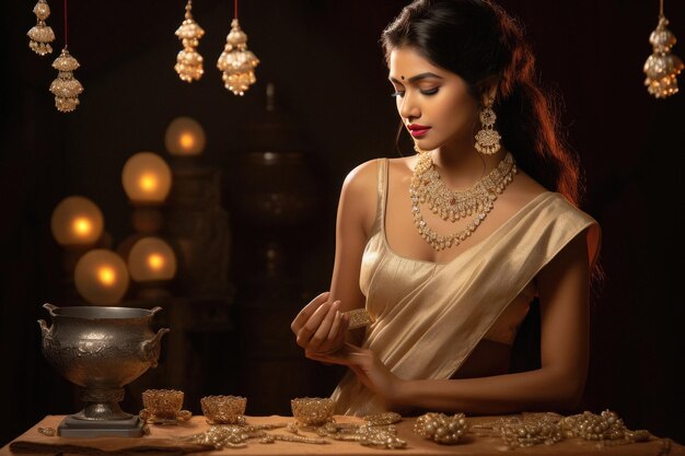 Belle femme indienne en sari traditionnel et bijoux