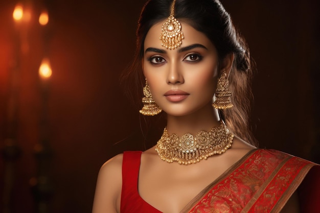 Belle femme indienne en sari traditionnel et bijoux