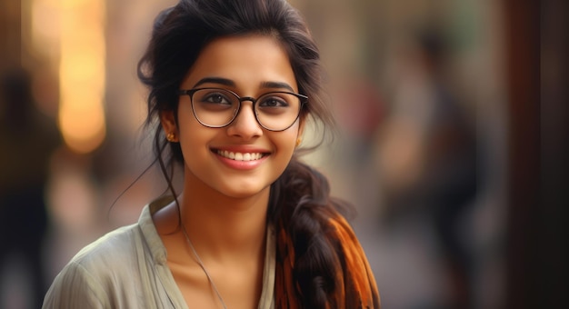 Belle femme indienne souriante dans des lunettes affichant des émotions joyeuses Un étudiant ou un enseignant heureux