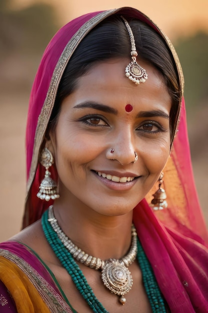 Une belle femme indienne sourit gracieusement et élégamment vêtue d'un sari coloré mettant en valeur le patrimoine culturel vibrant de l'Inde Pour être utilisée dans des publicités promouvant des événements de vêtements traditionnels indiens