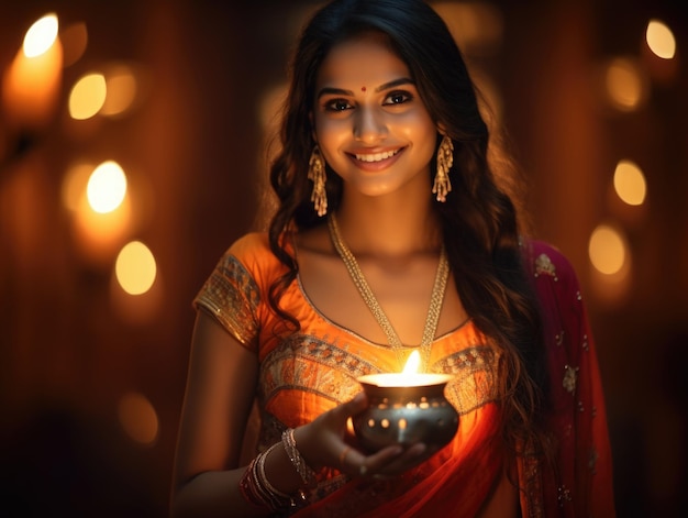 Belle femme indienne tenant une lampe de Diwali