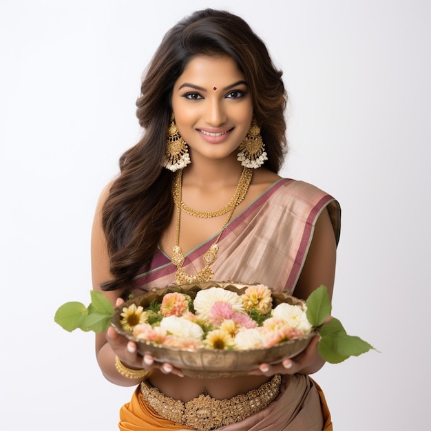 Une belle femme indienne tient un plat de pooja sur un fond blanc