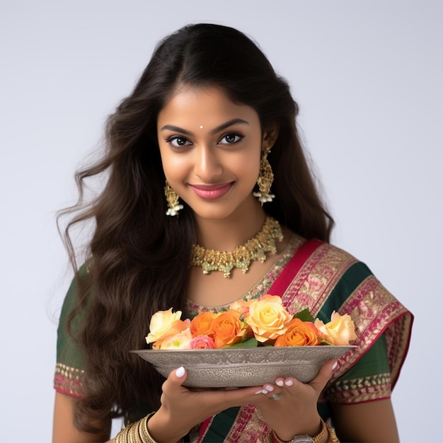 Une belle femme indienne tient un plat de pooja sur un fond blanc