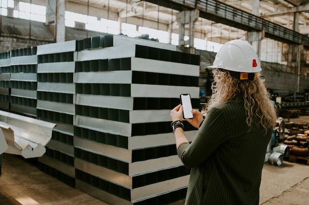 Belle femme ingénieur se lève et prend des photos de l'usine