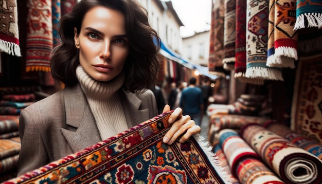 Une belle femme inspecte soigneusement les tapis tissés à la main