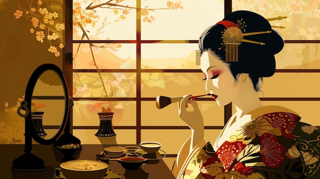 Photo une belle femme japonaise est assise devant un miroir en train de se maquiller.