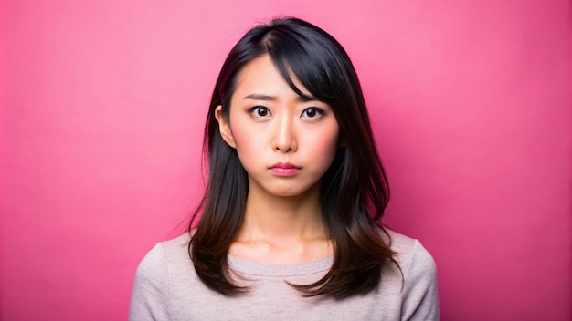 Photo une belle femme japonaise avec un fond rose, une femme coupable avec un espace de copie.