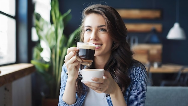 Une belle femme, une jolie fille, se sent heureuse en buvant du café le matin.