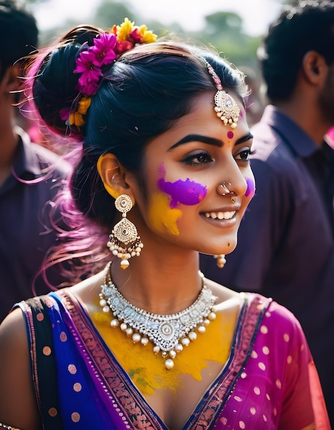 Une belle femme jouant au holi.