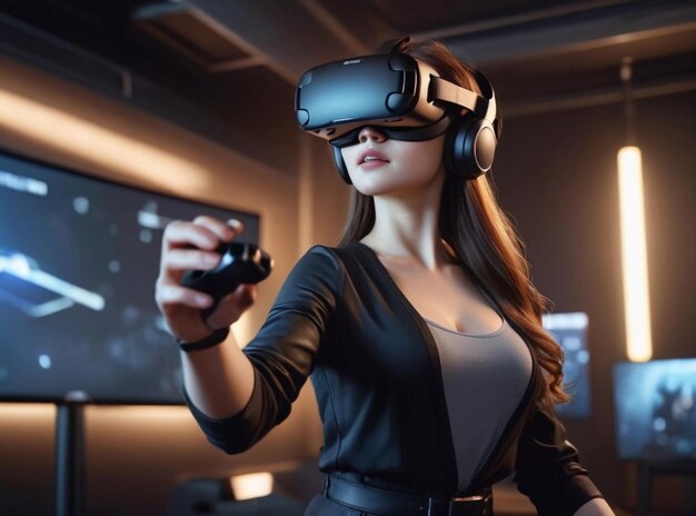 une belle femme jouant à un jeu de réalité virtuelle à l'intérieur d'un studio de jeux