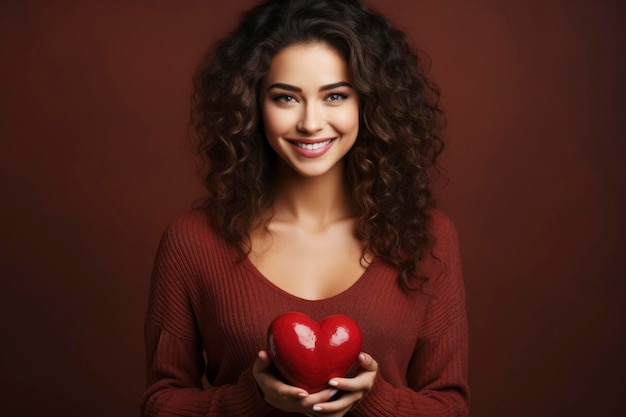 Une belle femme avec un jouet rouge en forme de cœur sur un fond rouge