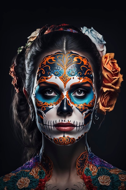 Belle femme avec le jour des morts maquillage Fond Vividcolor généré par l'IA