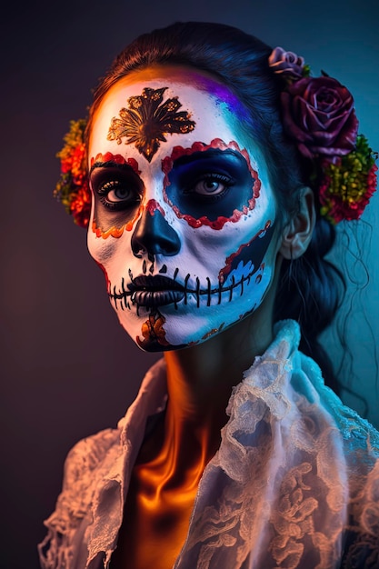 Belle femme avec le jour des morts maquillage Fond Vividcolor généré par l'IA