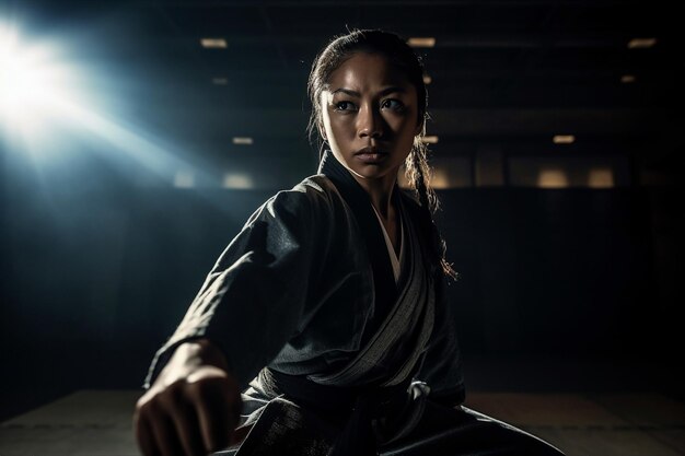 Une belle femme en kimono se tient dans une position de combat dans une école d'arts martiaux