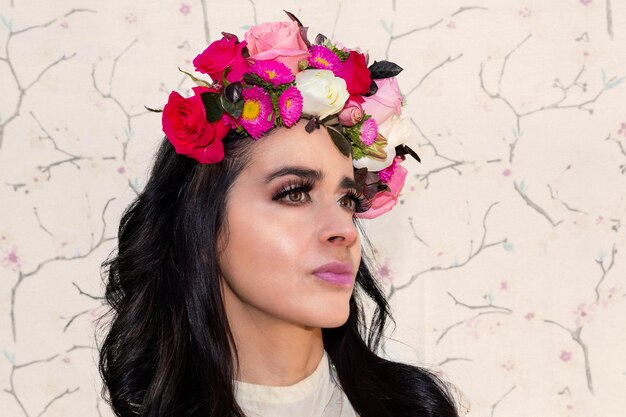 Belle femme latine avec des fleurs. Superbe fille avec gros bouquet de fleurs de roses. Visage de plan rapproché de belle femme avec une peau propre saine