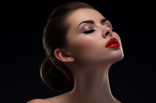 belle femme avec des lèvres rouges et du maquillage sur fond noir