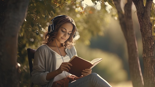 Une belle femme lit un livre et écoute de la musique sous un arbre.
