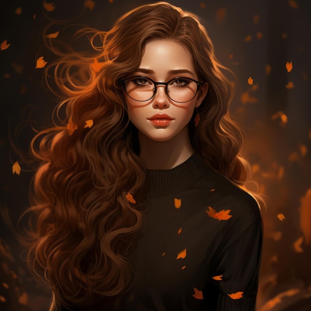 une belle femme avec des lunettes et des cheveux longs à l'automne