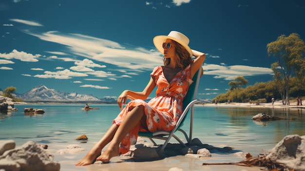 Une belle femme avec des lunettes de soleil et un chapeau assise dans une chaise longue sur une journée ensoleillée sur la plage