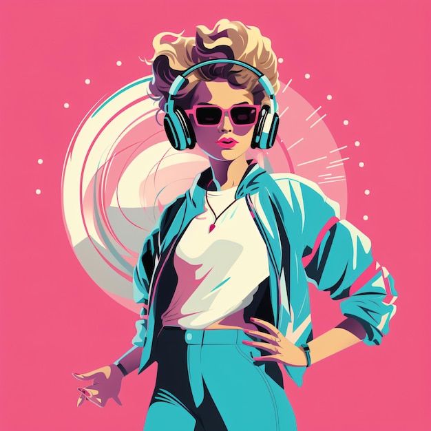 Une belle femme avec des lunettes de soleil dans le style synthwave rétro des années 80 poster d'illustration coloré