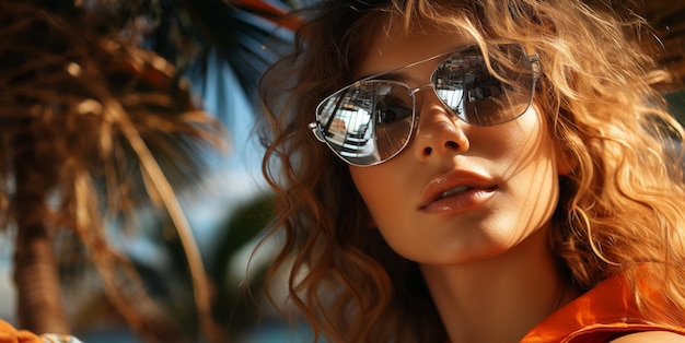 belle femme en lunettes de soleil sur fond de plage azur IA générative
