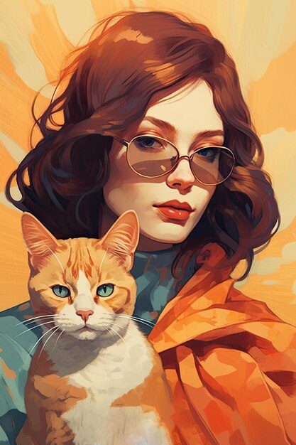 Une belle femme en lunettes tenant un chat dans ses bras créé avec la technologie d'IA générative