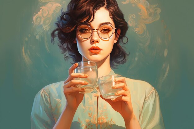 Une belle femme avec des lunettes tenant un verre d'eau