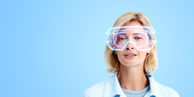 Une belle femme en lunettes VR hologramme sur l'espace de copie Ai illustration générative