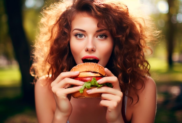 une belle femme mangeant un hamburger